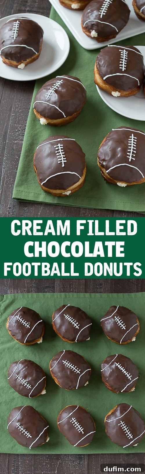 Pigskin Perfection Donuts 9 Cream Filled Chocolate Football Donuts - use refrigerated biscuits to make cream filled donuts! Decorate them to look like footballs for game day!