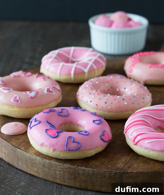 Six easy and delicious Valentine’s Day Donuts arranged on a wooden board, with a small white bowl of pink candy melts positioned next to them, inviting a sweet treat.