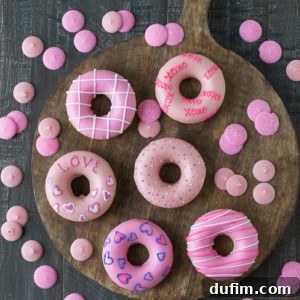 Six charming Valentine’s Day Donuts resting on a wooden board, surrounded by delightful pink candy melts, inviting a delicious treat.