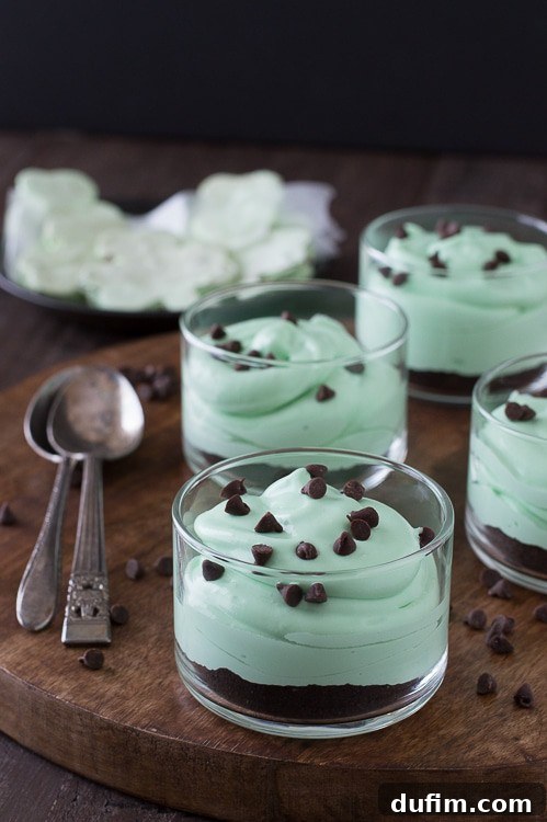 Shamrock Green Mint Chocolate Chip No-Bake Cheesecake 3 A close-up shot of a single serving of No-Bake Mint Chocolate Chip Shamrock Cheesecake, highlighting the creamy green layers and dark cookie crust, garnished with whipped cream and mini chocolate chips.