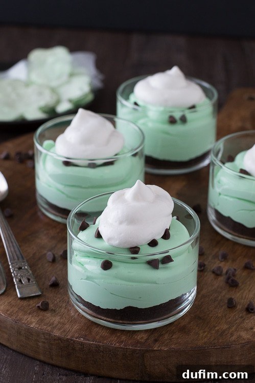Shamrock Green Mint Chocolate Chip No-Bake Cheesecake 5 A vibrant No-Bake Mint Chocolate Chip Shamrock Cheesecake in a dessert glass, featuring an Oreo crust, green mint cheesecake filling, and topped with a swirl of whipped cream, mini chocolate chips, and a small shamrock decoration.