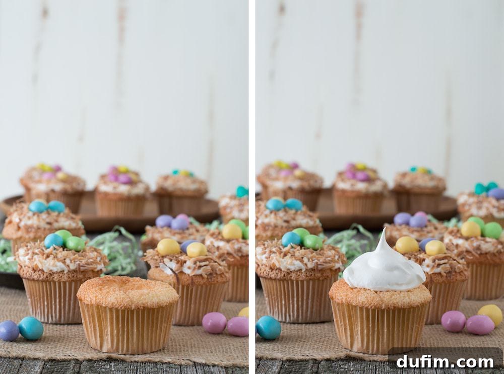 Charming Bird Nest Angel Food Cupcakes 4 Angel Food Bird Nest Cupcakes - a fun bird nest cupcake using angel food cake and toasted coconut!
