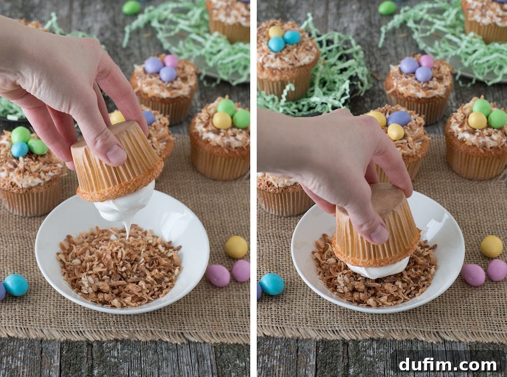 Charming Bird Nest Angel Food Cupcakes 5 Angel Food Bird Nest Cupcakes - toasted coconut nests