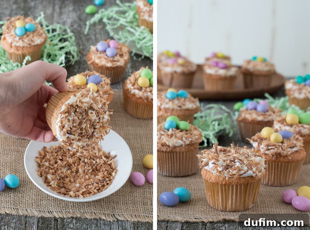 Charming Bird Nest Angel Food Cupcakes 6 Angel Food Bird Nest Cupcakes - adding pastel egg candies