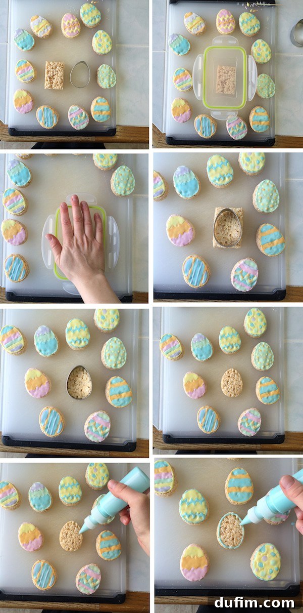 Photo collage showing the process of cutting out Rice Krispies Easter Eggs and decorating them with pastel-colored royal icing.