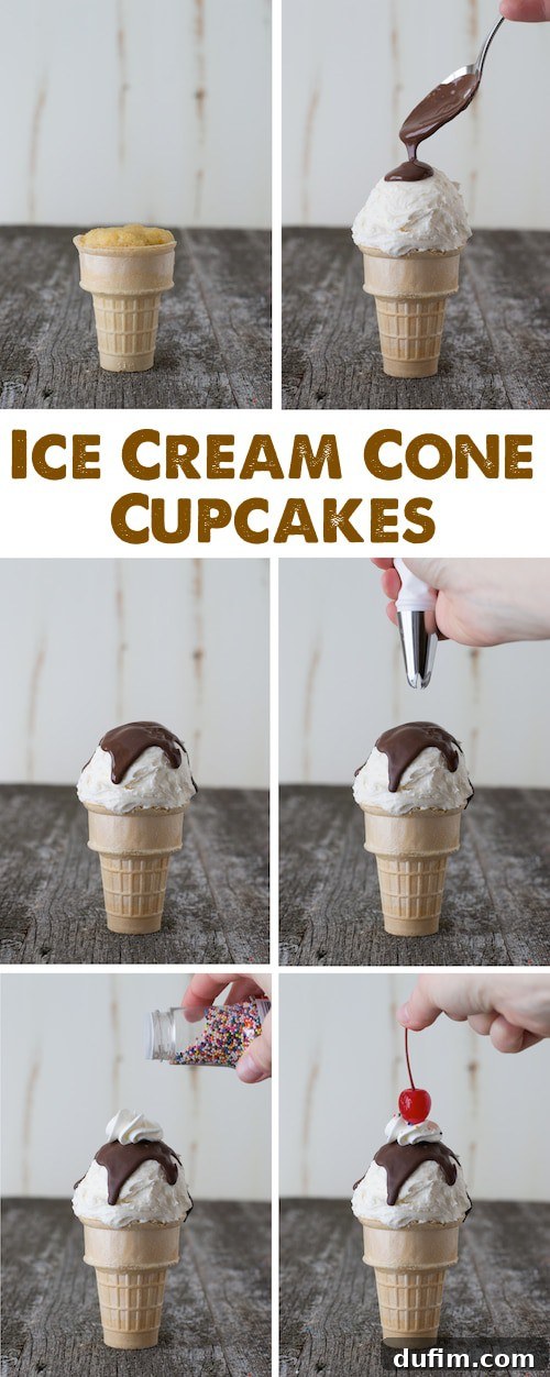 Ice Cream Cone Cupcakes with rich chocolate drizzle and a cherry on top.