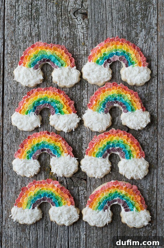 Rainbow Sugar Cookies - use fruity pebbles and shredded coconut to make these delicious rainbow cookies! A closeup of eight Rainbow Sugar Cookies with fruity pebbles and shredded coconut, showcasing a delicious rainbow cookies recipe.