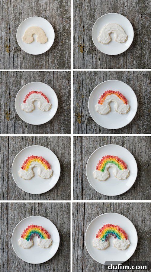 Rainbow Sugar Cookies - use fruity pebbles and shredded coconut to make these delicious rainbow cookies! Photo collage - Decorating Rainbow Sugar Cookies with fruity pebbles and coconut shavings on a small white plate.