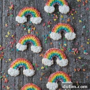 Eight Rainbow Sugar Cookies decorated with Fruity Pebbles and coconut shavings on a wooden table.