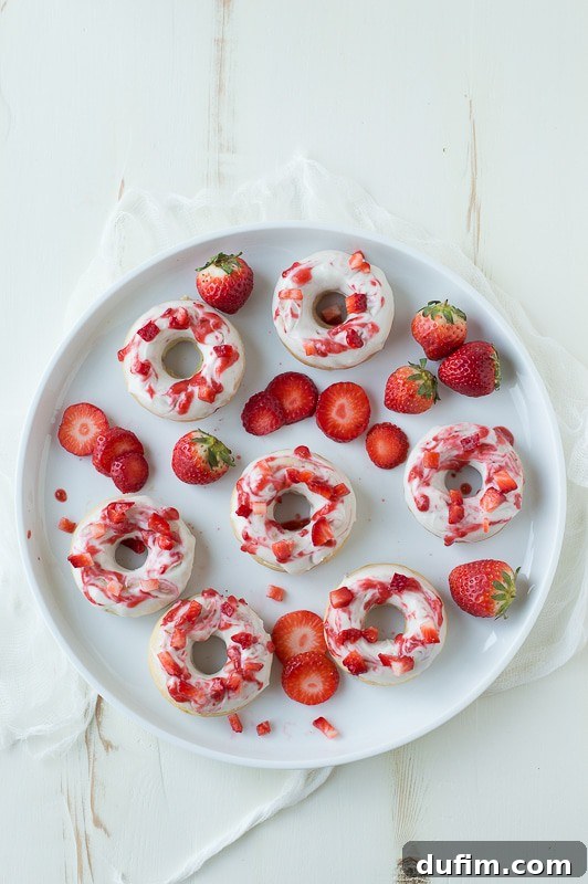 Strawberry Cheesecake Donut Delights 2 Freshly baked Strawberry Cheesecake Donuts with whole and chopped strawberries, drizzled with white cream cheese glaze and red strawberry coulis, presented on a cooling rack.