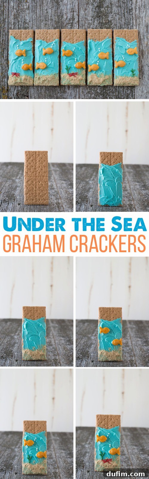 Under the Sea Graham Crackers - easy to make and perfect for an under the sea party! A step-by-step photo collage illustrating the easy process of making Under the Sea Graham Crackers, showcasing the frosting, crumb 'sand', and sprinkle decorations. Perfect for an under the sea party!