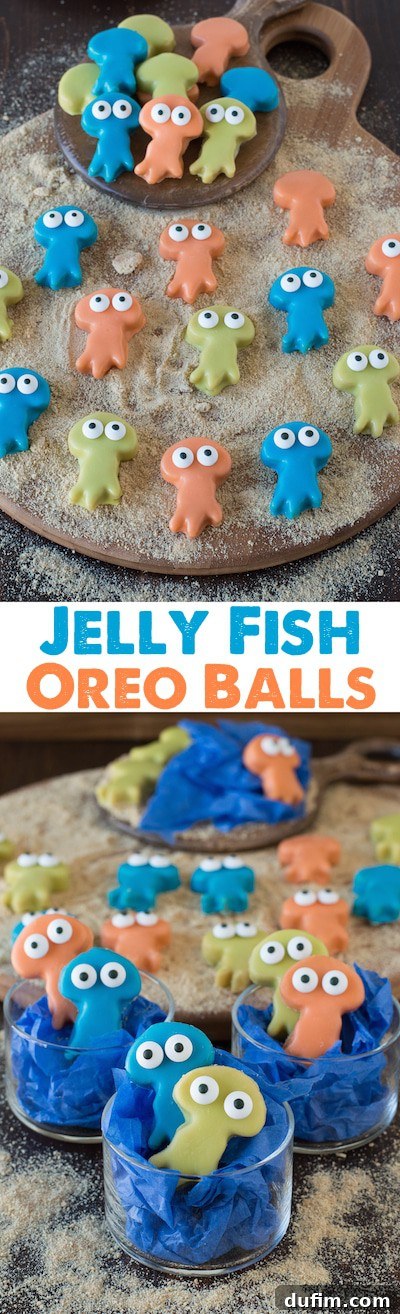 Two hands carefully dipping a jellyfish-shaped Oreo truffle into melted pink candy melts.