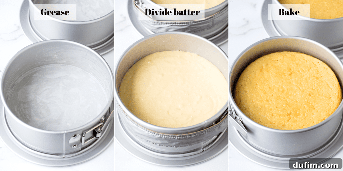 Triptych of process photos showing a perfectly greased cake pan lined with parchment, a pan filled with smooth cake batter, and a beautifully golden-brown baked cake.