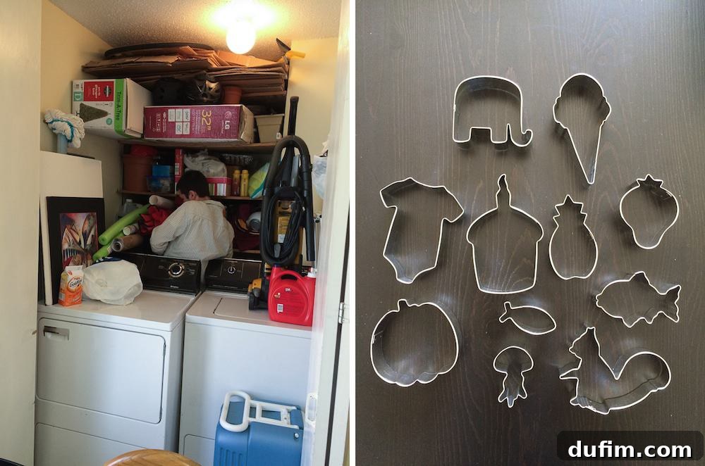 Behind the scenes of a cluttered laundry and storage room with unique jellyfish cookie cutters