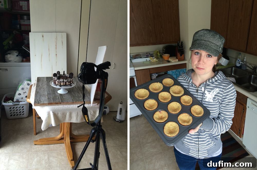 Behind-the-scenes shot of the delicious no-bake Oreo peanut butter cake photoshoot, alongside a failed batch of pineapple cupcakes
