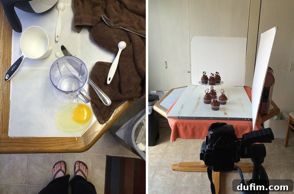 A humorous shot of a missed egg alongside a behind-the-scenes image of perfectly decorated chocolate cupcakes