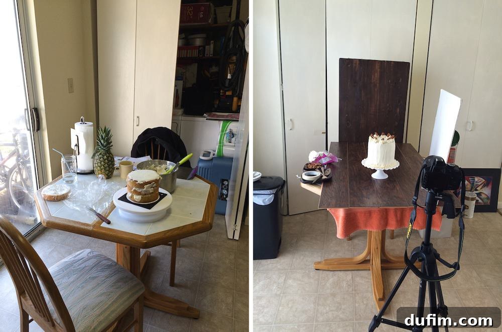 Maple pecan cake being built with a crumb coat, and a sneak peek of the finished cake from the photoshoot