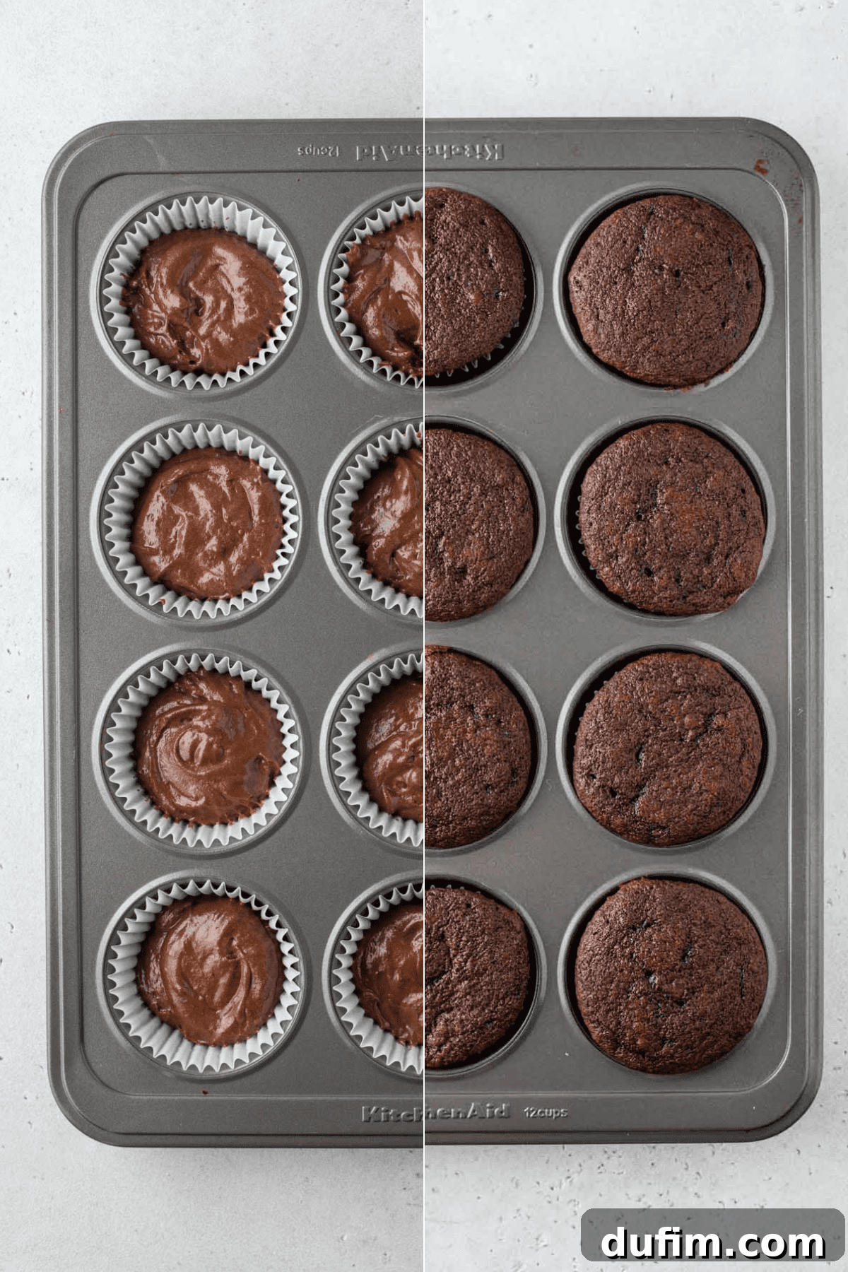 Decadent Chocolate Delights 4 split image, chocolate cupcake batter in muffin pan and baked chocolate cupcakes in muffin pan on white background