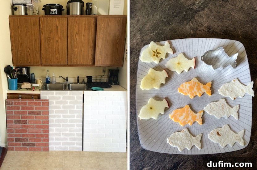 May 2015: Beyond the Pantry 2 DIY faux brick photography backdrops being painted in various colors, alongside a fun, fish-themed lunch made for nanny kids using cookie cutters.