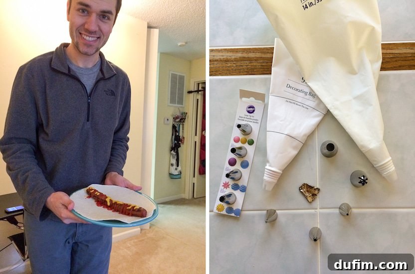 May 2015: Beyond the Pantry 5 A humorous photo of Ryan's minimalist dinner: two hot dogs on a tortilla. Below, a mangled piping tip, a casualty of the garbage disposal.