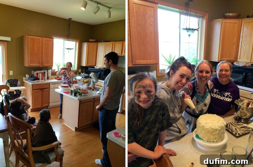 May 2015: Beyond the Pantry 7 A joyful image of family members gathered together, learning how to decorate a layered cake with rosettes and buttercream roses.