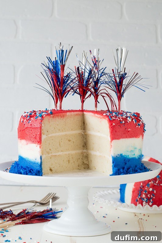 Detailed step-by-step image showing how to apply the red, white, and blue ombre frosting on the 4th of July cake.