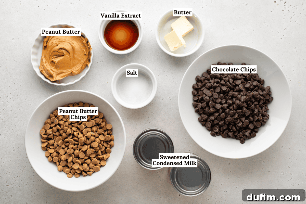Decadent Chocolate Peanut Butter Fudge 4 Seven labeled bowls and cans on a white surface contain peanut butter, peanut butter chips, vanilla extract, salt, butter, chocolate chips, and sweetened condensed milk.