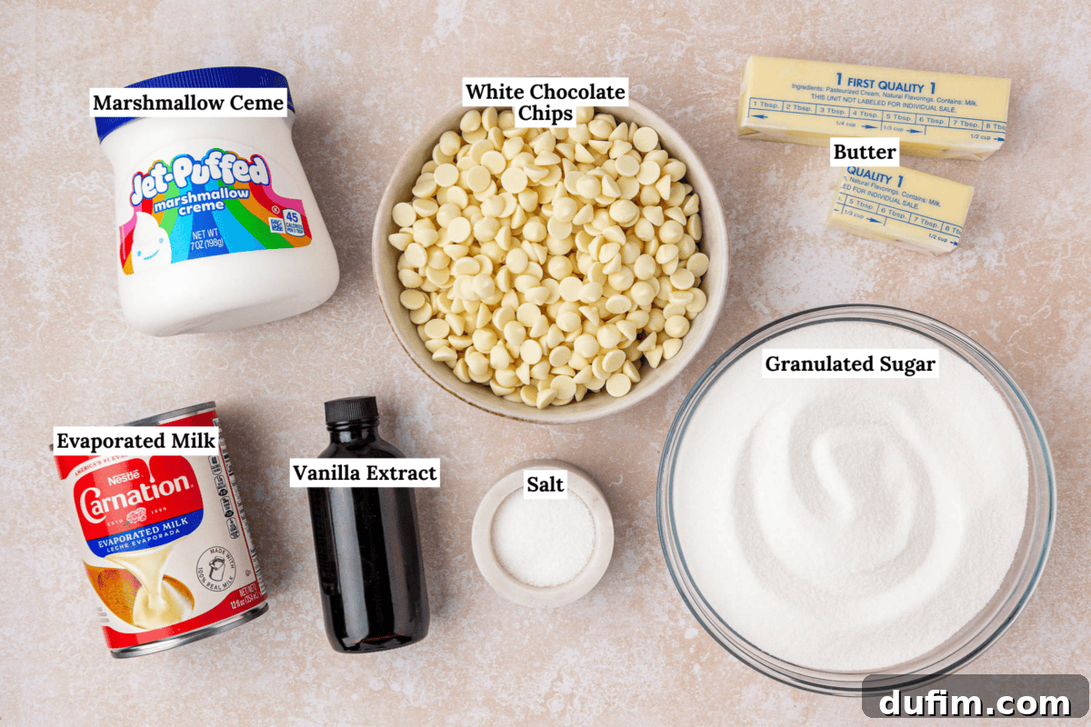 Guaranteed Perfect Vanilla Fudge 3 Top-down view of fudge ingredients: marshmallow creme, white chocolate chips, butter sticks, granulated sugar, evaporated milk, vanilla extract, and a small bowl of salt, each labeled with text.