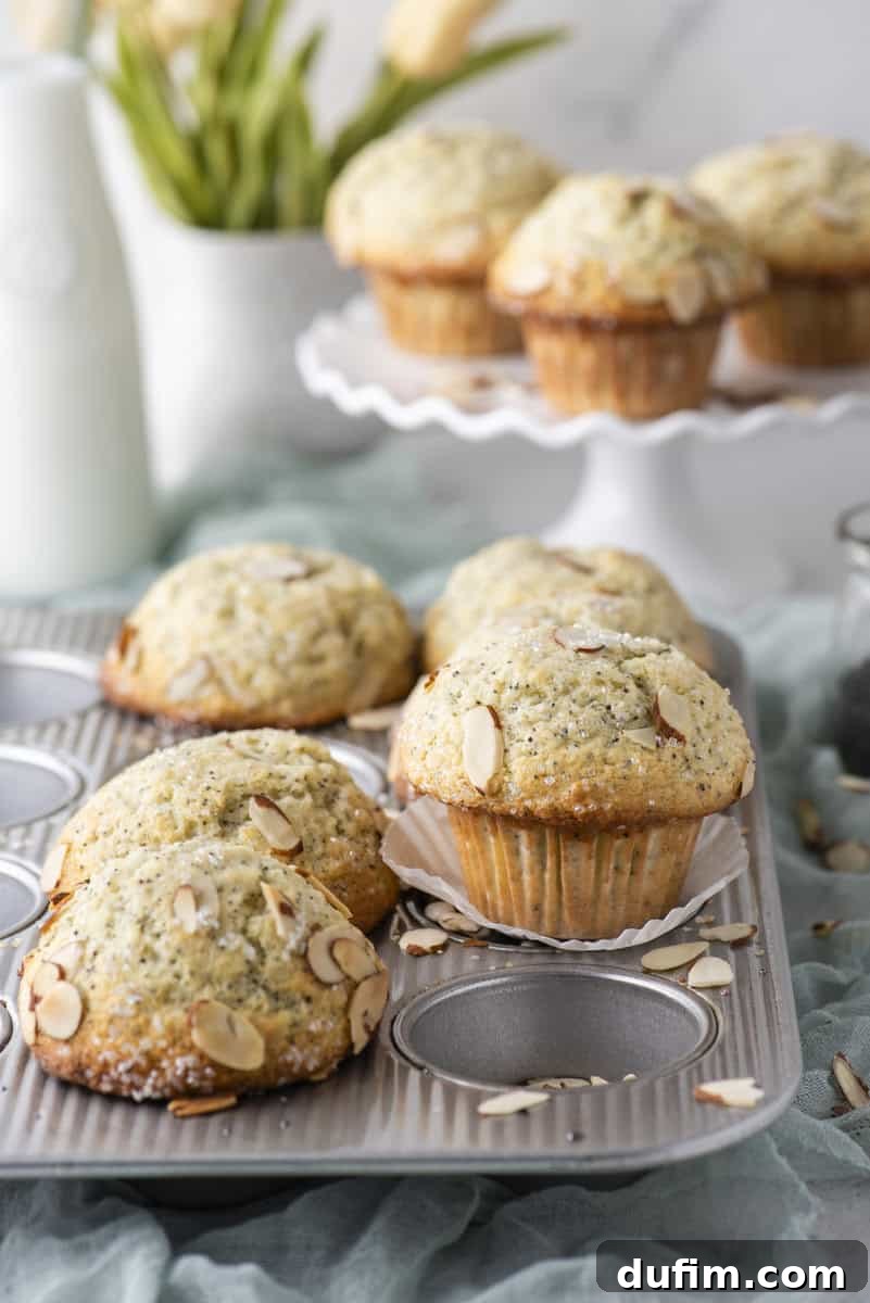 Irresistible Almond Poppy Seed Muffins 13 An array of freshly baked almond poppy seed muffins, artfully arranged both in a muffin tin and on a tiered stand, with a vase of fresh flowers and a bottle of milk in the soft background, creating an inviting and warm kitchen tableau.