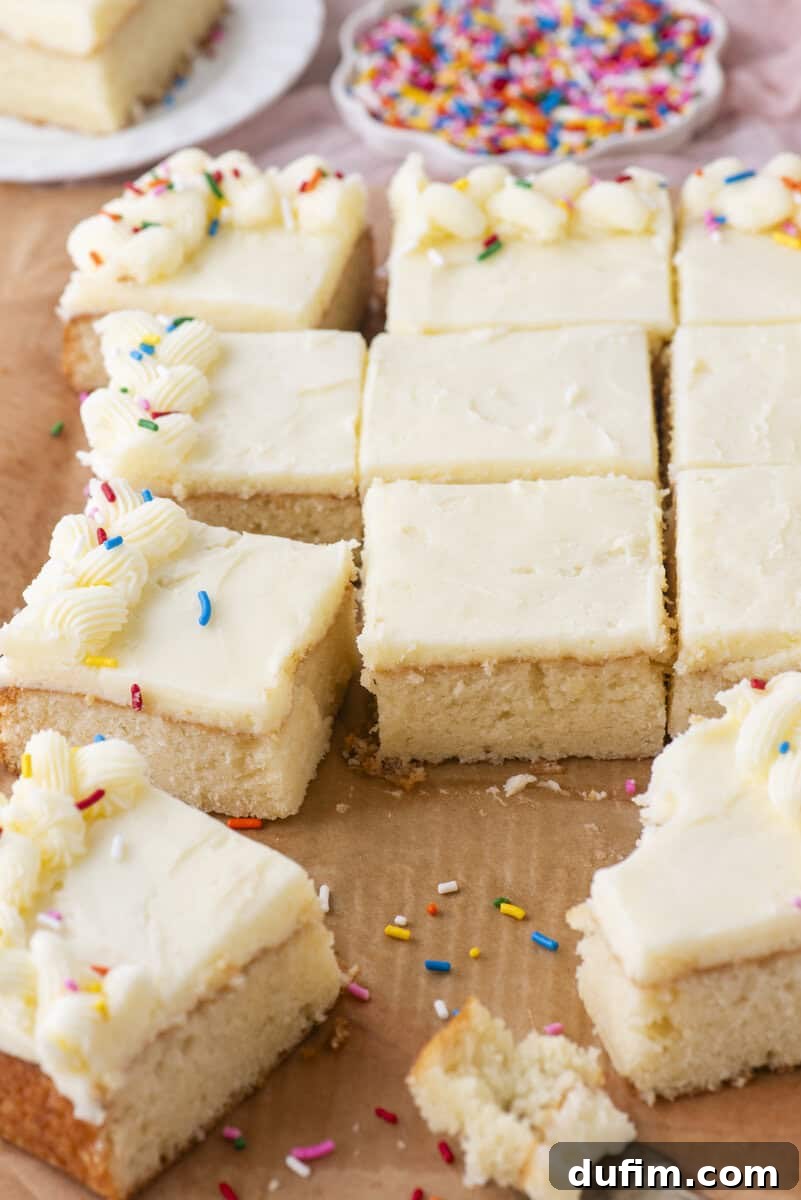 Nine thick, square pieces of vanilla cake with white frosting, some topped with colorful sprinkles and piped frosting. A bite is missing from one piece. Plates with sprinkles are visible in the background.