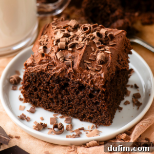 Decadent Homemade 9x13 Chocolate Cake 14 A final hero shot of a slice of the 9x13 chocolate cake, looking moist, rich, and delicious on a white plate.