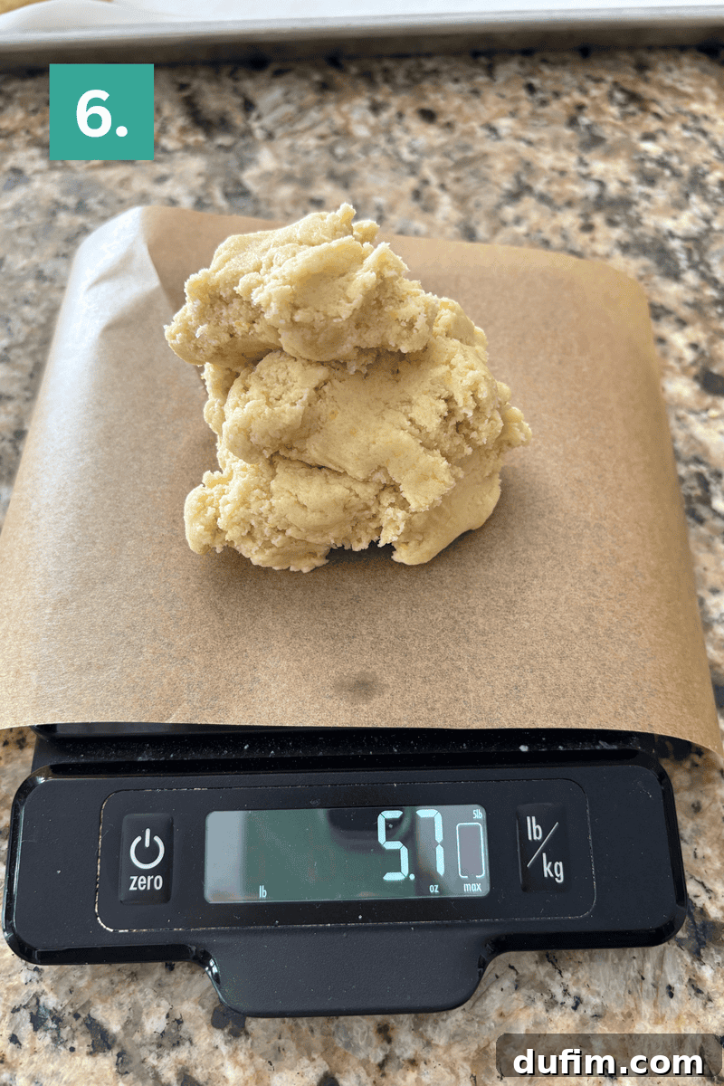 A digital kitchen scale with a mound of cookie dough on parchment paper.
