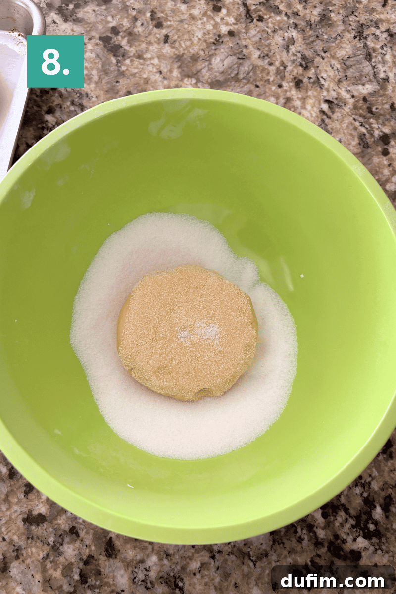 A dough ball coated in sugar sits in a bowl on a countertop.