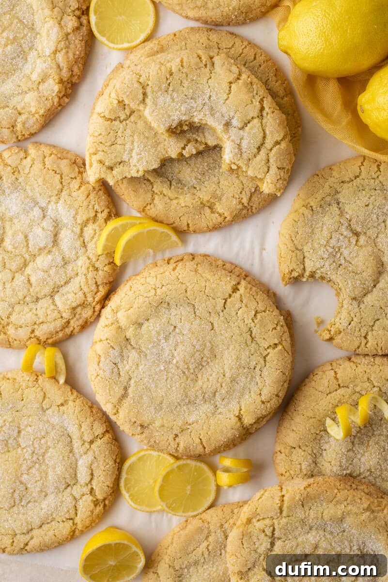 Large, round lemon sugar cookies are arranged on a light surface with lemon slices and whole lemons scattered around. One cookie has a bite taken out of it. The cookies have a crinkled texture and a sugar-coated top.