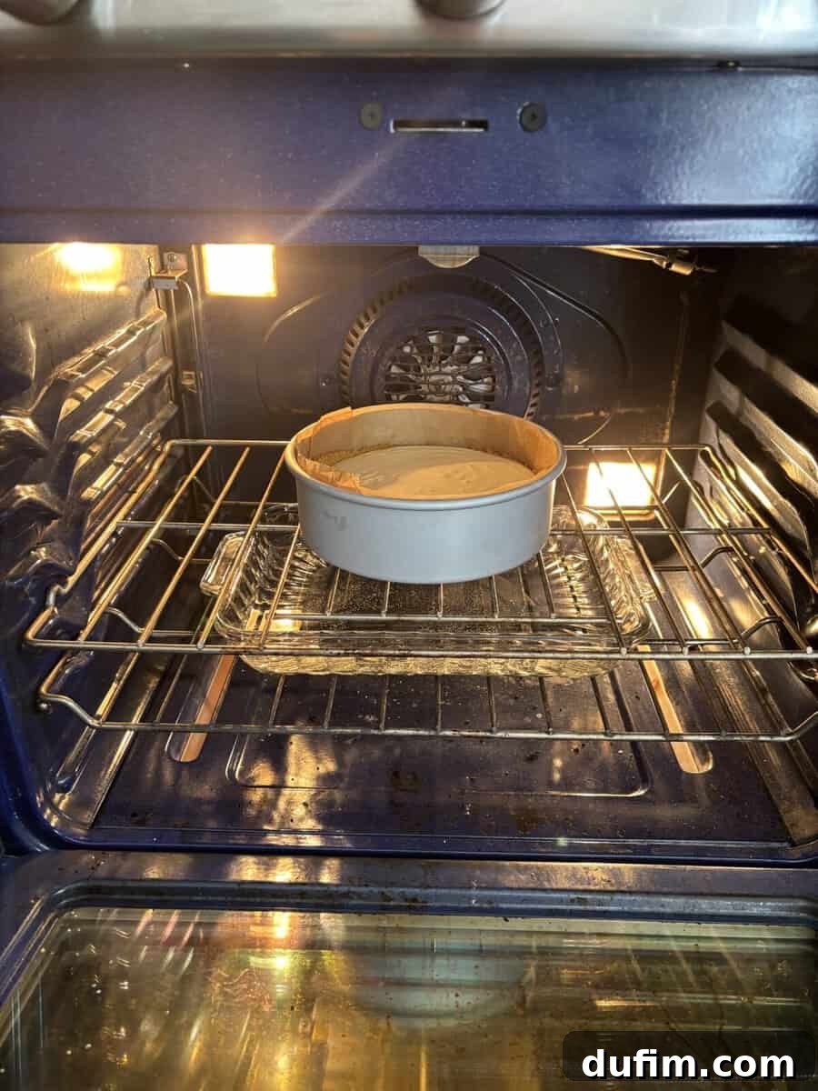 Strawberry Cheesecake Recipe with Fresh Strawberry Topping 11 A round cake pan with batter is baking on the middle rack inside a lit oven.