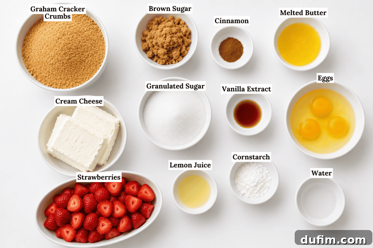 Strawberry Cheesecake Recipe with Fresh Strawberry Topping 4 Bowls containing labeled cheesecake ingredients: graham cracker crumbs, brown sugar, cinnamon, melted butter, cream cheese, strawberries, granulated sugar, lemon juice, vanilla extract, cornstarch, eggs, and water, arranged on a white surface.