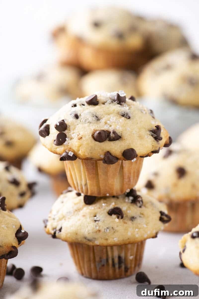 A close-up of two chocolate chip muffins stacked on top of each other, surrounded by more muffins in the background, all topped with sugar and chocolate chips.