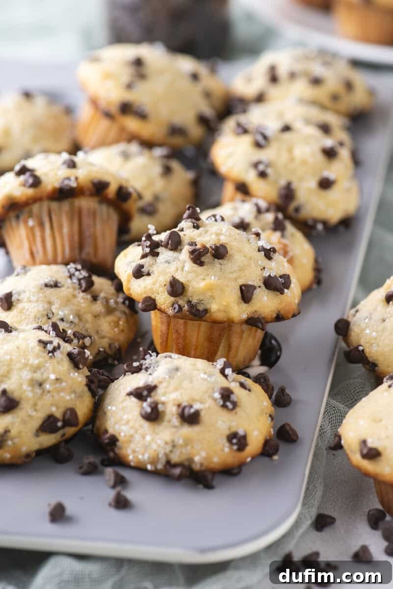 A tray of freshly baked chocolate chip muffins, topped with sparkling sugar and chocolate chips, sits on a light-colored surface with a soft cloth nearby. Some muffins are slightly overfilled and have chocolate chips scattered around them.