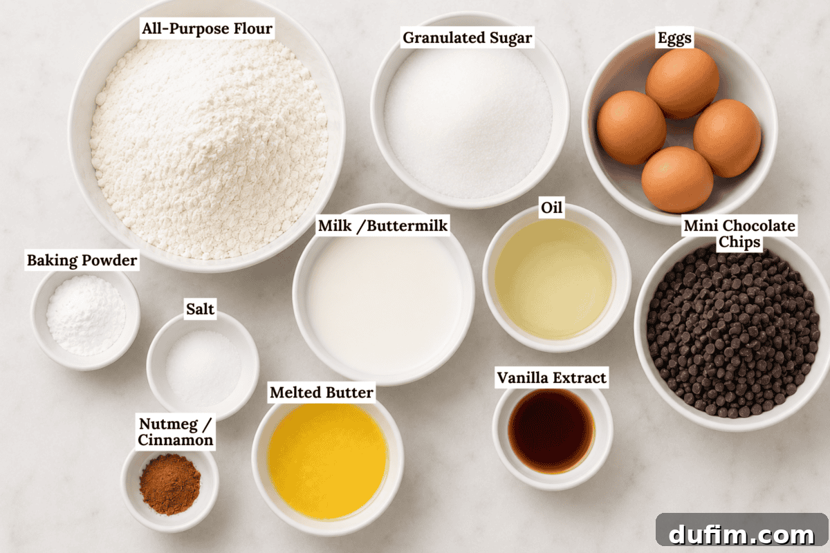 A top-view of bowls containing labeled ingredients: all-purpose flour, granulated sugar, eggs, mini chocolate chips, oil, vanilla extract, melted butter, milk or buttermilk, baking powder, salt, and nutmeg or cinnamon.