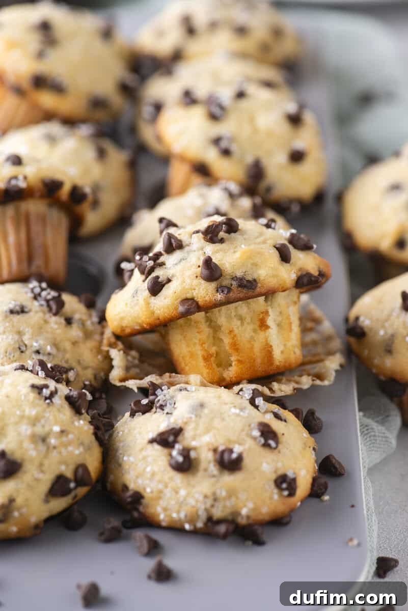 A close-up of freshly baked chocolate chip muffins in a muffin tin. One muffin is slightly raised with its paper liner peeled back, showing a golden, fluffy texture and chocolate chips sprinkled on top.