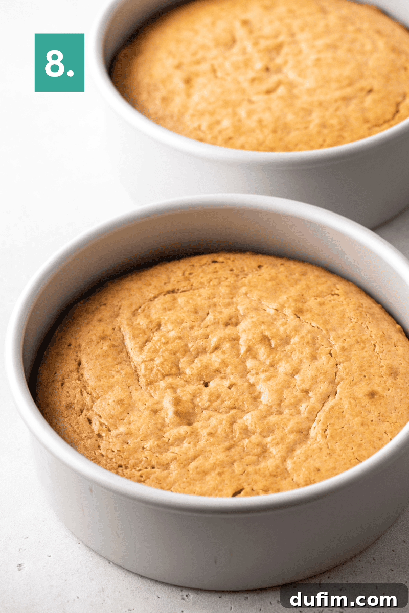 Peanut Butter Cake with Chocolate Frosting Recipe 12 Two round cakes in white pans rest on a light surface.