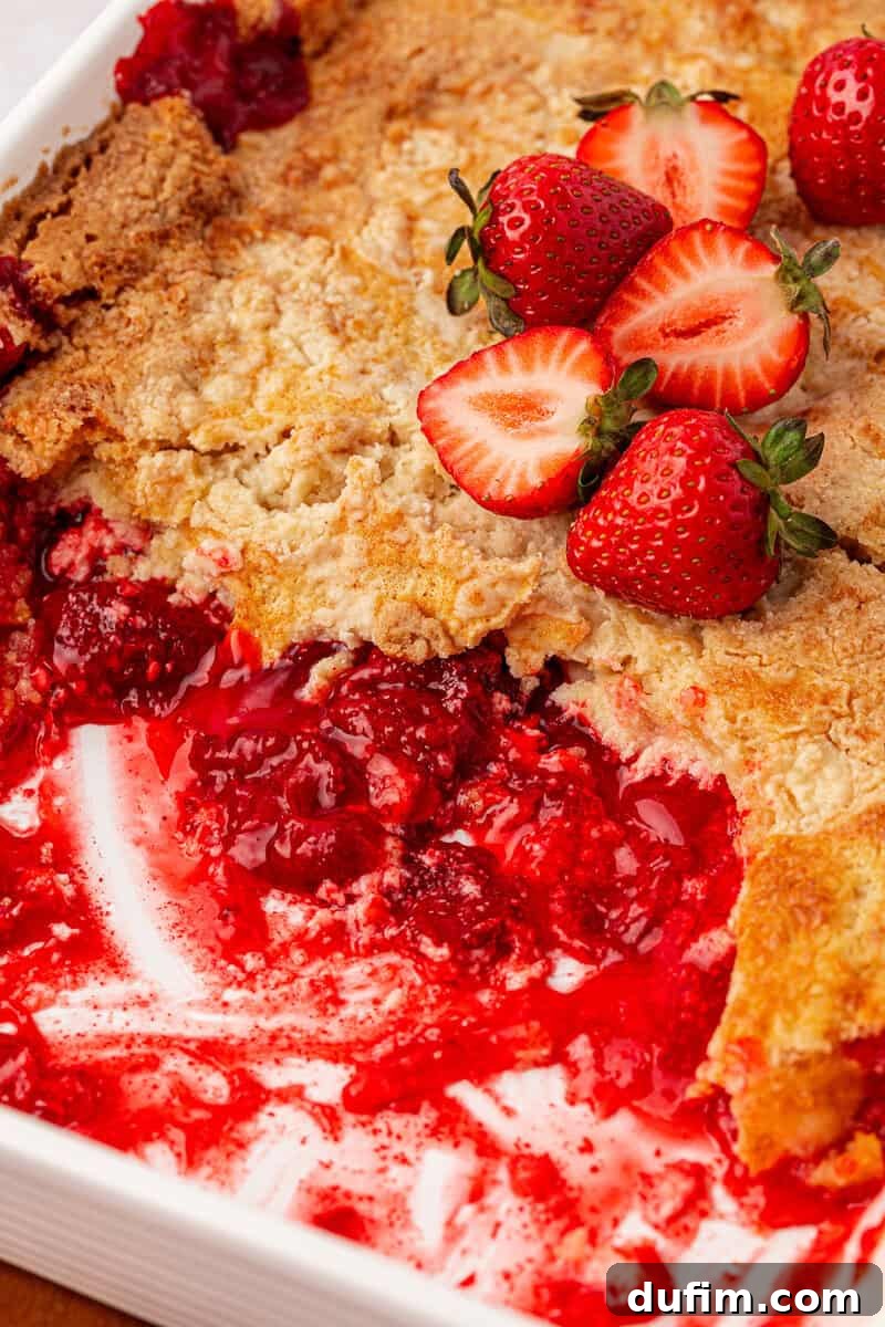 A partially eaten berry cobbler in a white dish, topped with fresh strawberries and golden, crumbly crust.