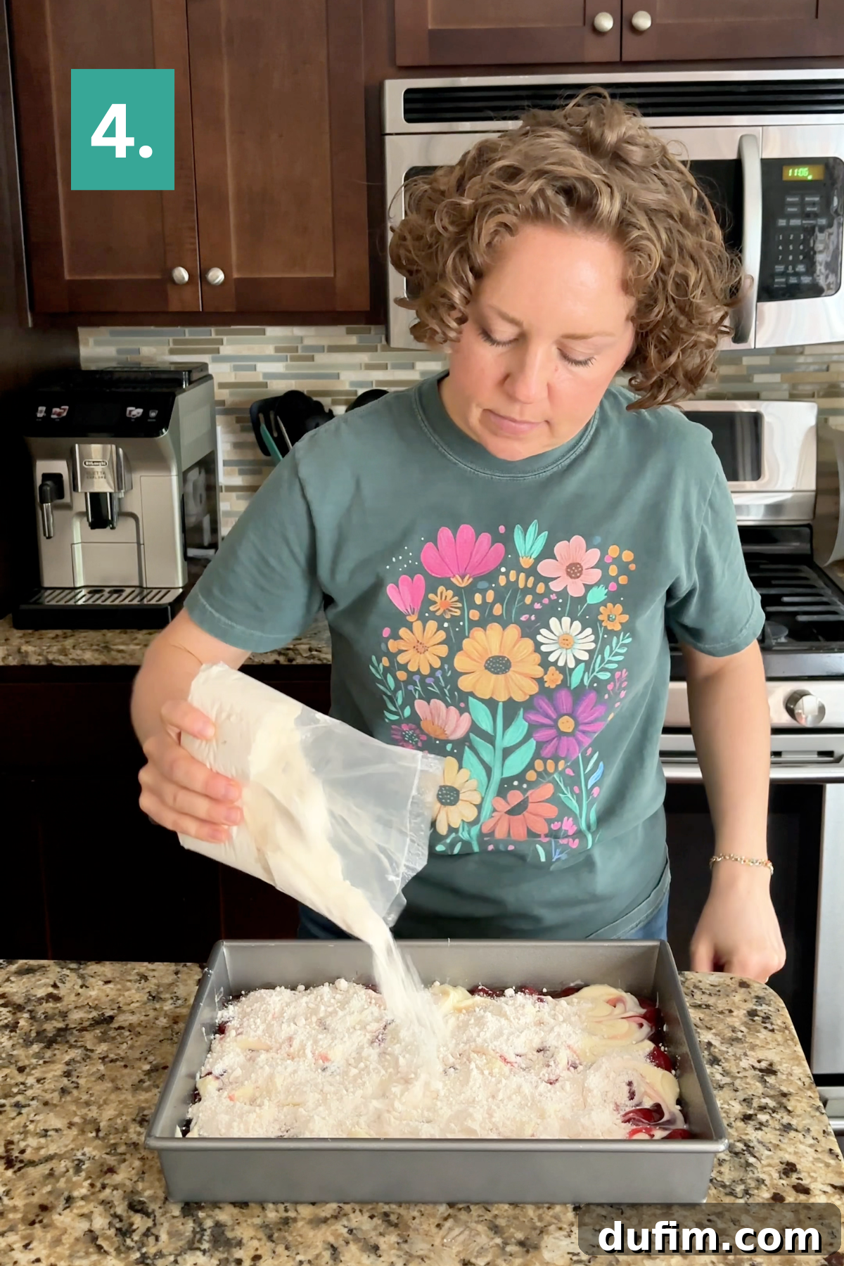 A person pours a white powder from a bag into a baking pan, preparing the cake mix layer.