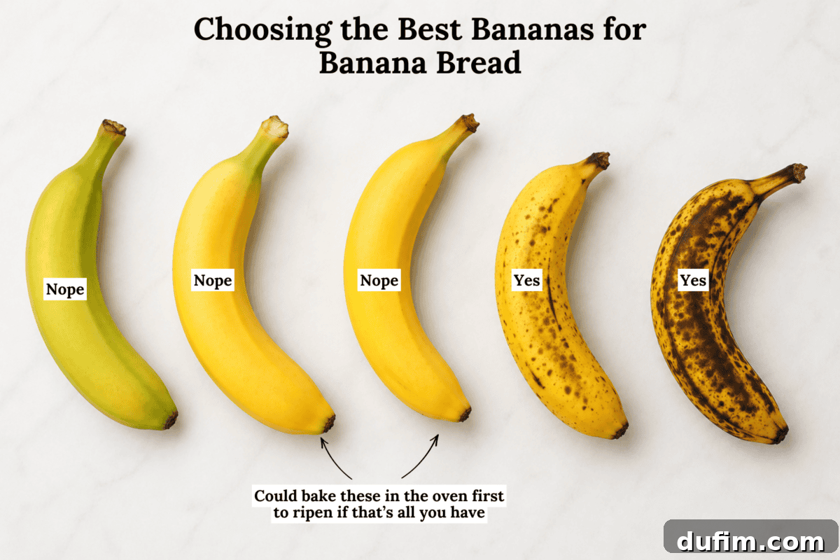 Moist Gluten-Free Banana Bread Recipe 4 Four bananas from green to very brown, labeled to show which are best for banana bread. The two ripest bananas (brown-spotted and blackened) are labeled Yes, while the less ripe ones are labeled Nope.