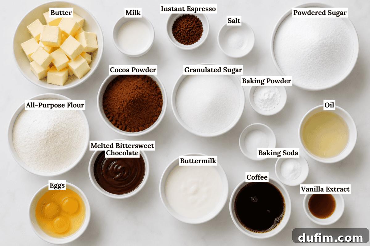 Decadent Mocha Cake Recipe for Coffee Lovers 4 Various labeled baking ingredients in white bowls on a white surface, including butter, milk, espresso, salt, powdered sugar, flour, cocoa powder, granulated sugar, baking powder, oil, eggs, chocolate, buttermilk, coffee, baking soda, and vanilla.