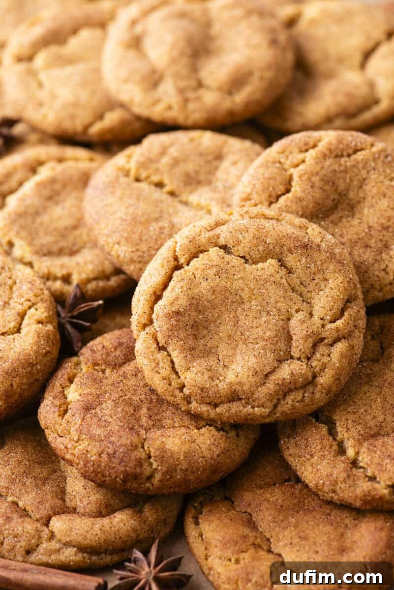 A close-up of several golden-brown snickerdoodle cookies stacked together, showing their cracked, cinnamon-sugar coated surfaces.