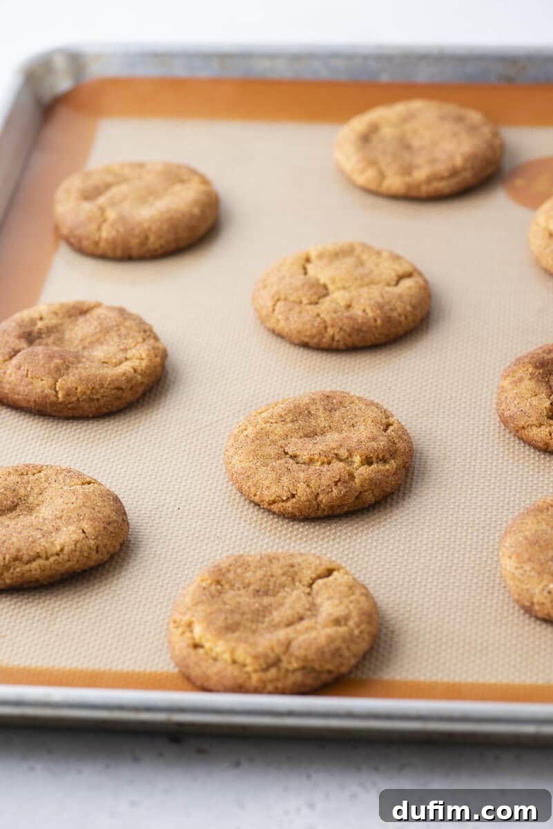 A baking sheet with nine evenly spaced round cookies on a tan silicone baking mat, with a light background. The cookies appear golden brown and slightly cracked on top.