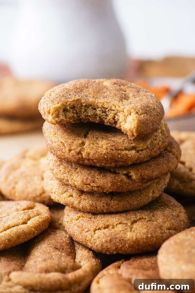 A stack of cinnamon sugar cookies, with the top cookie showing a bite taken out. More cookies are scattered around on a wooden surface.