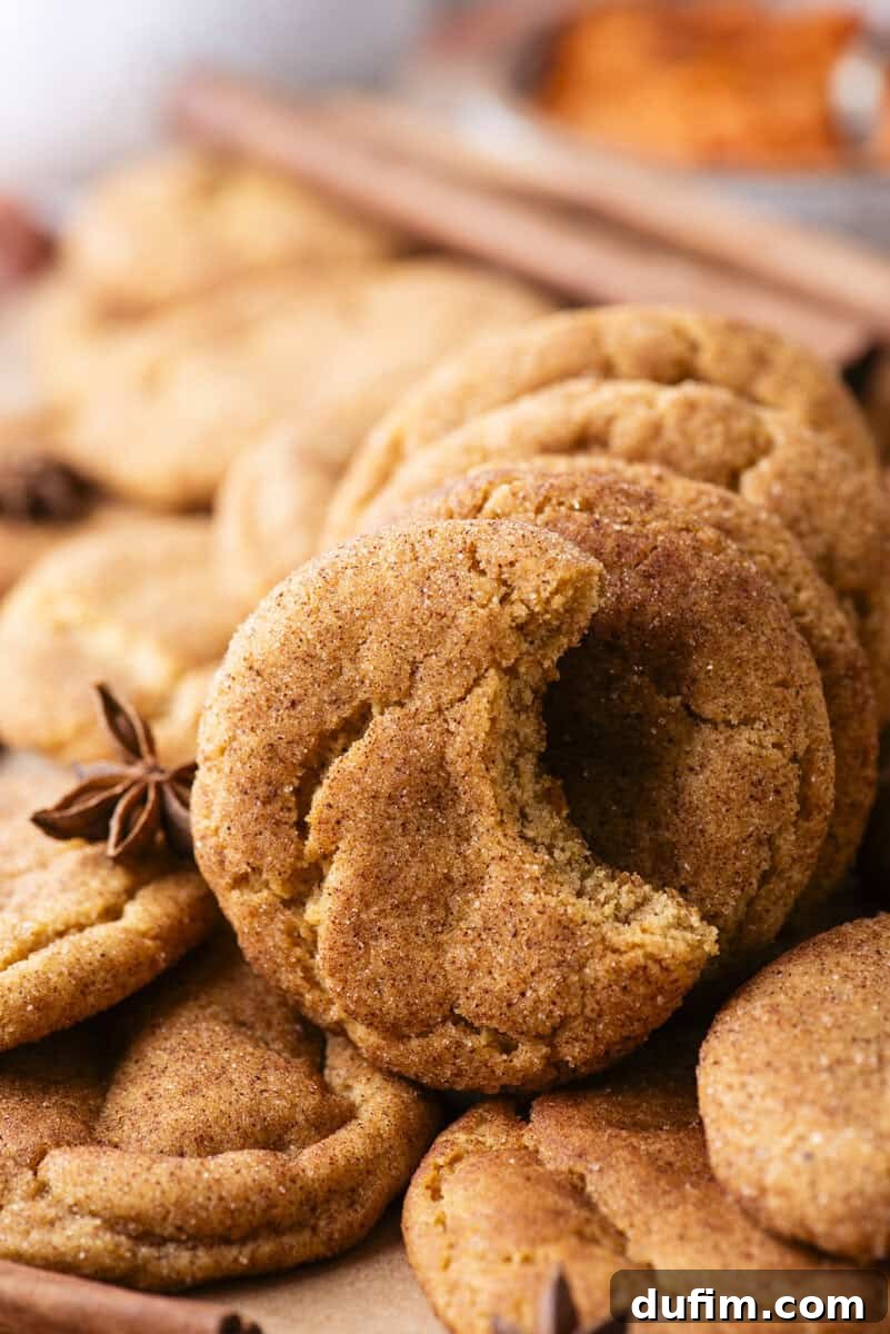 A close-up of snickerdoodle cookies stacked on each other, with one cookie showing a bite taken out. Star anise and cinnamon sticks are scattered around.