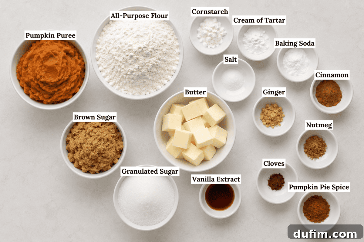 Bowls with labeled ingredients: pumpkin puree, brown sugar, granulated sugar, all-purpose flour, butter, vanilla, cornstarch, cream of tartar, salt, baking soda, ginger, cinnamon, nutmeg, cloves, pumpkin pie spice.